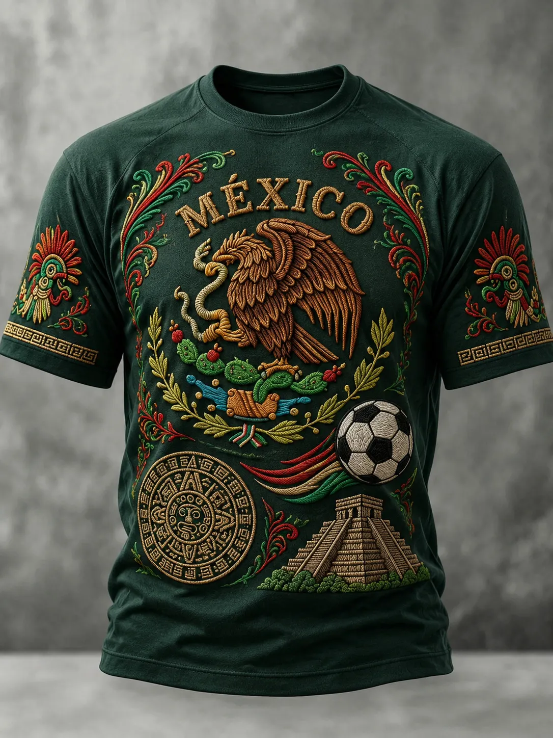 Men's Mexico National Eagle Soccer Mayan Pyramid Aztec Calendar Embroidery Print T-Shirt