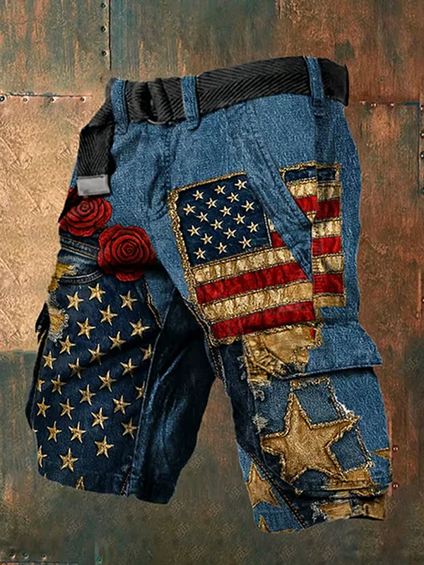 Men's American Flag With Stars And Roses Print Denim-Like Casual Shorts