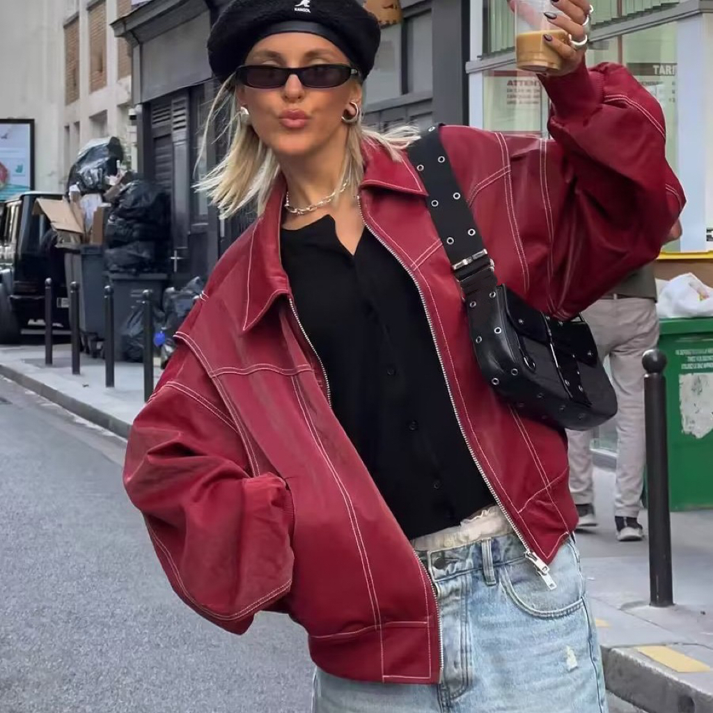 Oversized Contrast Stitch Jacket Red（70% OFF）