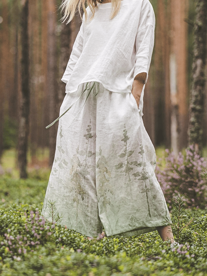Women's Gradient Forest Print Linen Wide-Leg Pants