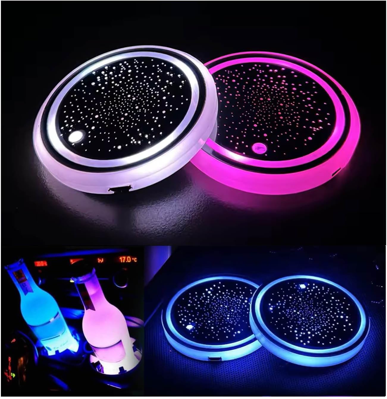🔥LED Cup Holder Lights for Car, Rechargeable 7 Color-Changing Light Up Cup Holder Insert Coasters