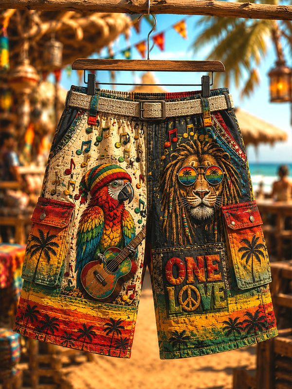 Men's Reggae Lion Parrot Peace Sign One Love Print Cargo Shorts