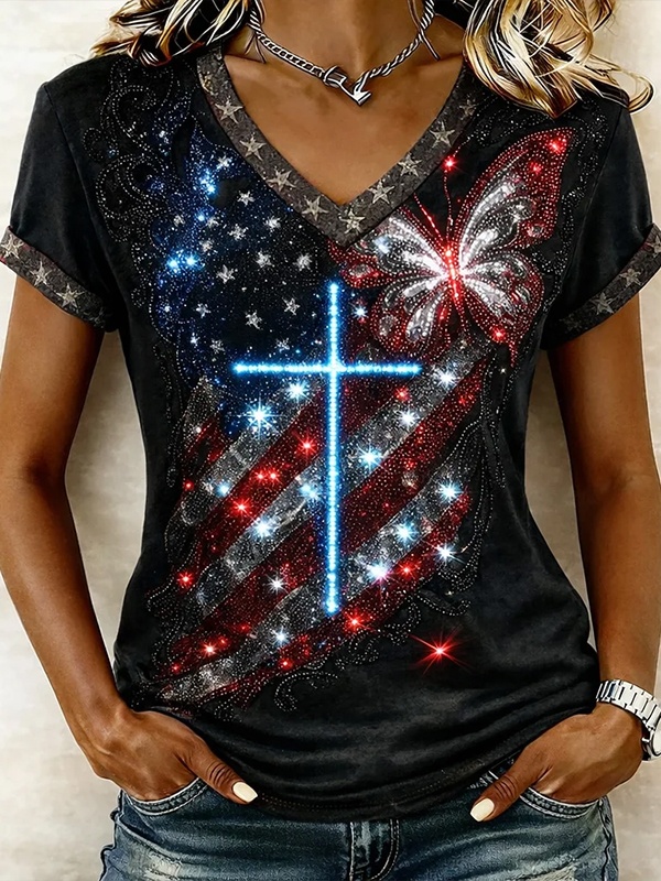 Women's American Flag Cross Butterfly Print V Neck T-Shirt