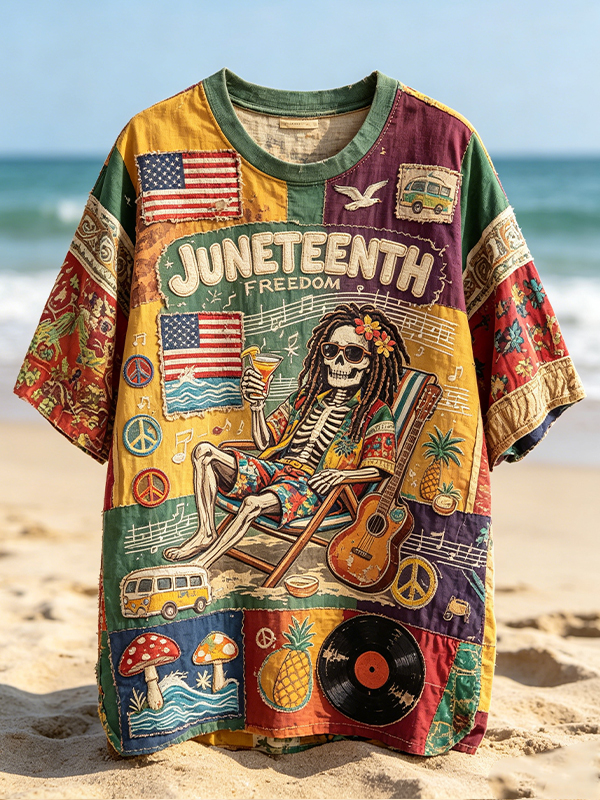 Men's Vintage Juneteenth Skeleton Patchwork Vacation Print T-Shirt