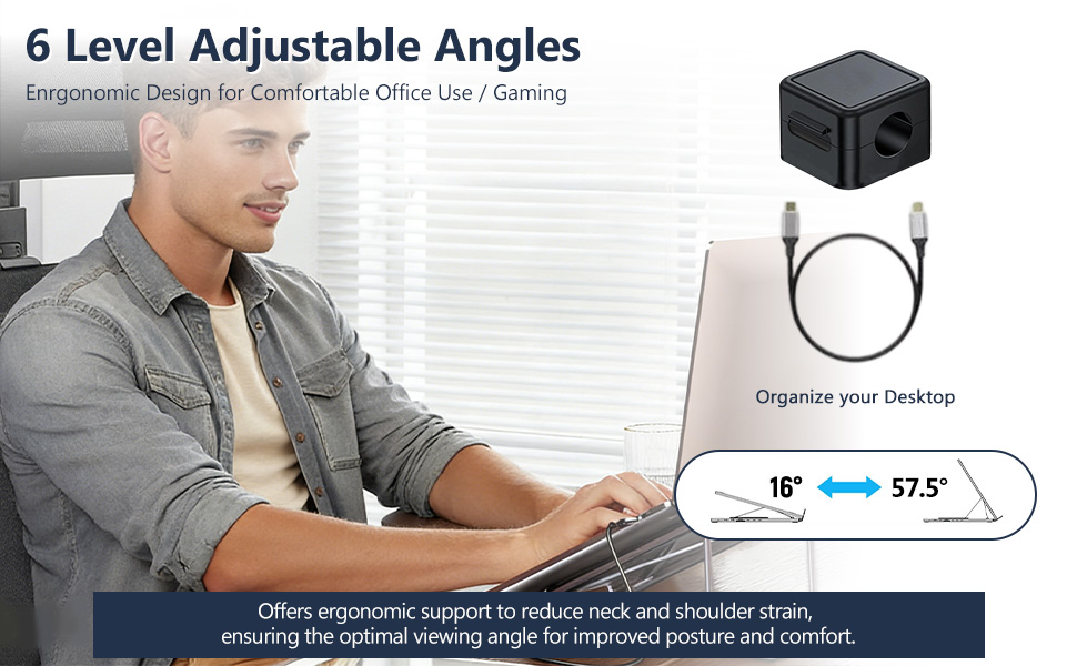 Text reads '6 Level Adjustable Angles'. Product diagram showing laptop stand with multiple angle positions and black device illustration.
