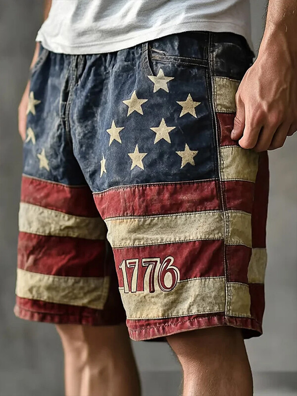 Men's American Flag 1776 Print Casual Shorts