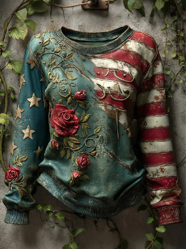 Women's Rose American Flag Stars Stripes Print Sweatshirt