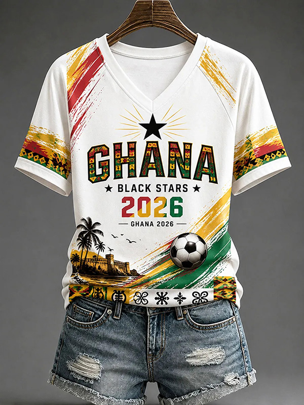 Women's Ghana Black Stars Soccer African Adinkra Symbols Tribal Geometric Print Casual V Neck T-Shirt