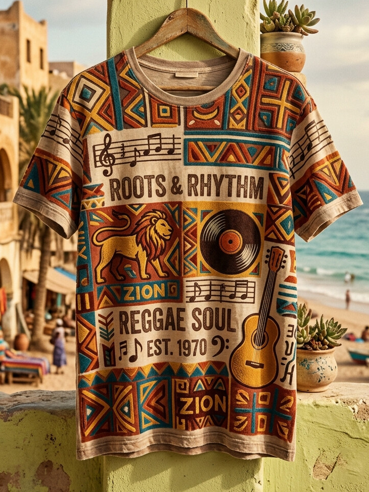 Men's Roots & Rhythm Reggae Soul African Tribal  Art Print T-Shirt
