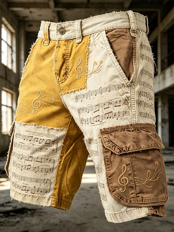 Men's Music Note And Treble Clef Patchwork Art Print Casual Shorts