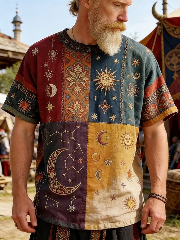 Men's Color Block Mysterious Sun Moon Star Print Casual T-Shirt