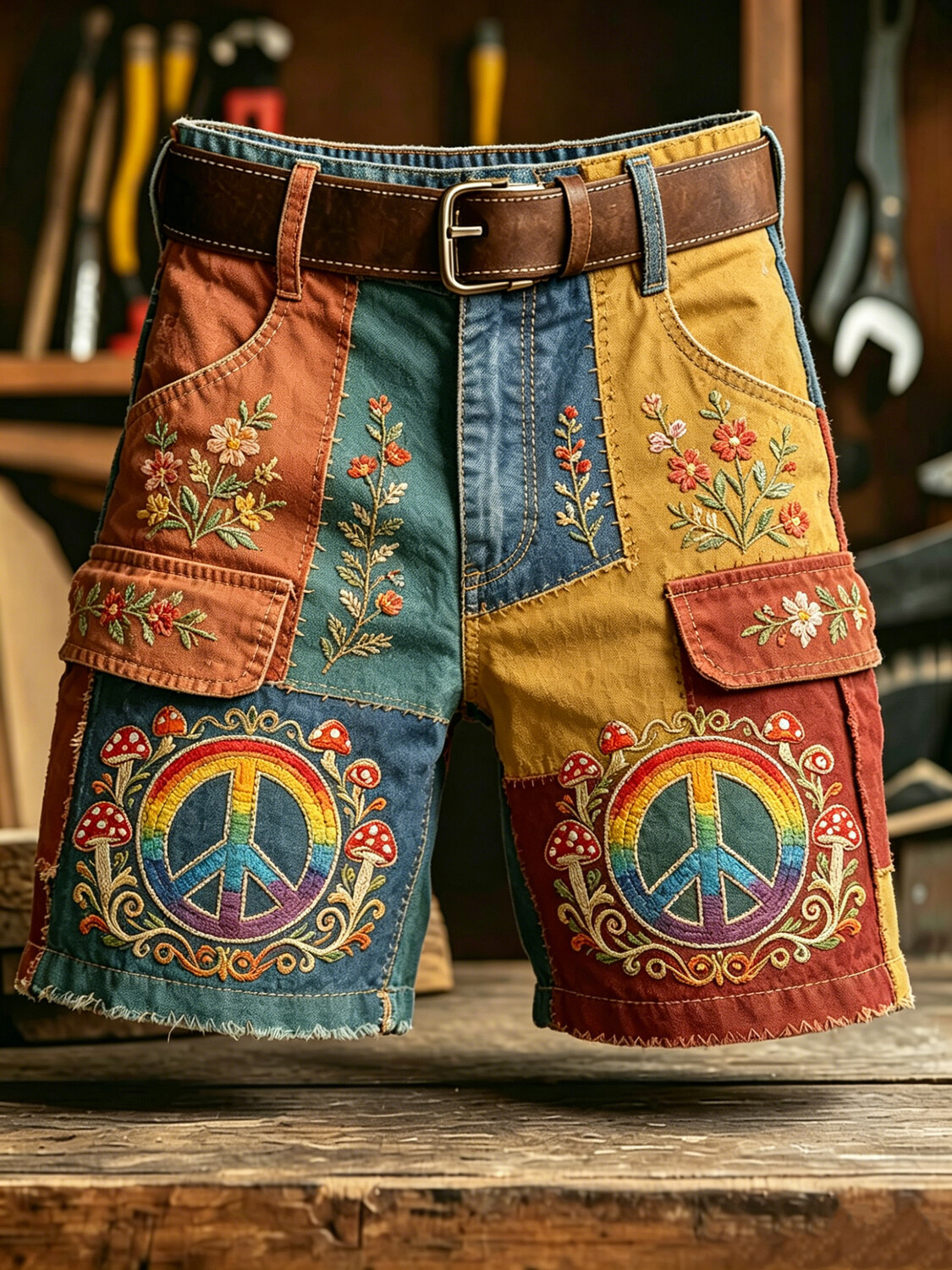 Men's Geometric Patchwork Hippie Art Print Casual Shorts