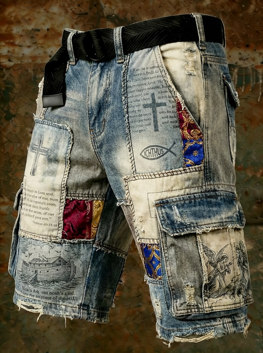 Men's Christian Bible Verse Cross Patchwork Art Print Denim-Like Casual Shorts