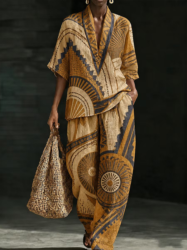 Women's Retro Geometric Ethnic Art Print Deep V Neck Half Sleeve T-Shirt Wide Leg Pants Matching Set