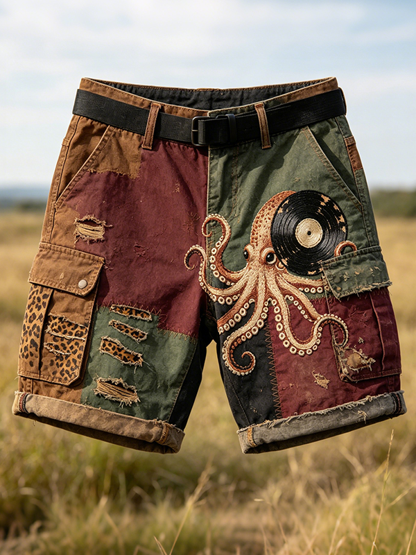 Men's Vintage Patchwork Octopus & Vinyl Art Print Casual Shorts