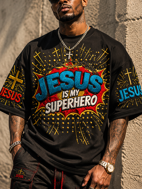 Men's Jesus is My Superhero Cross Graphic Print Cotton Casual T-Shirt