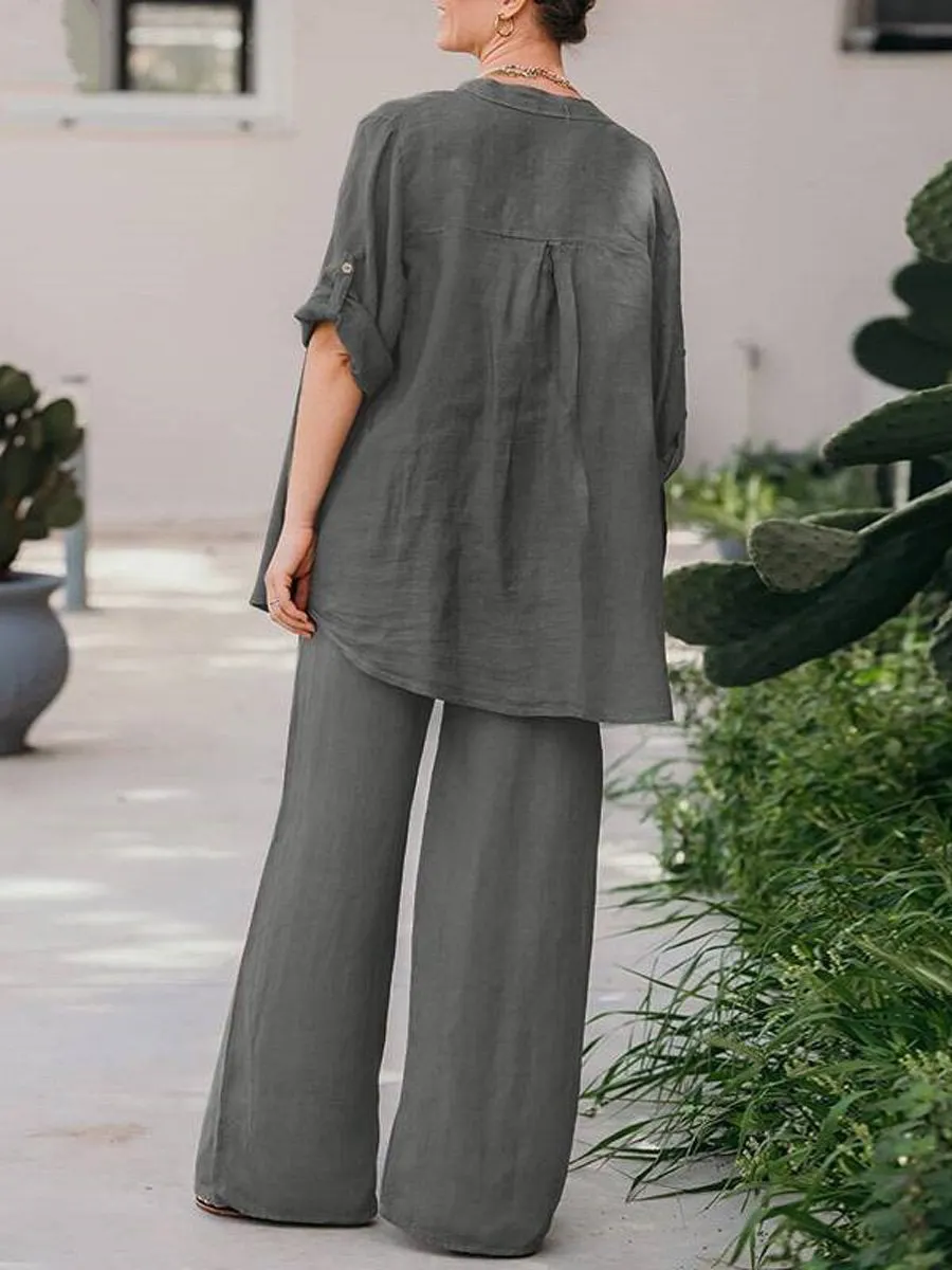 Women's Spring Solid Color Long- Sleeve Shirt and Pants Two Piece Set
