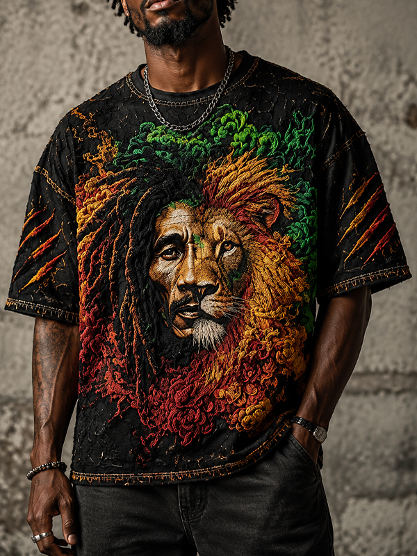 Men's Reggae Lion Rasta Color Scratches Art Print Drop Shoulder Casual T-Shirt