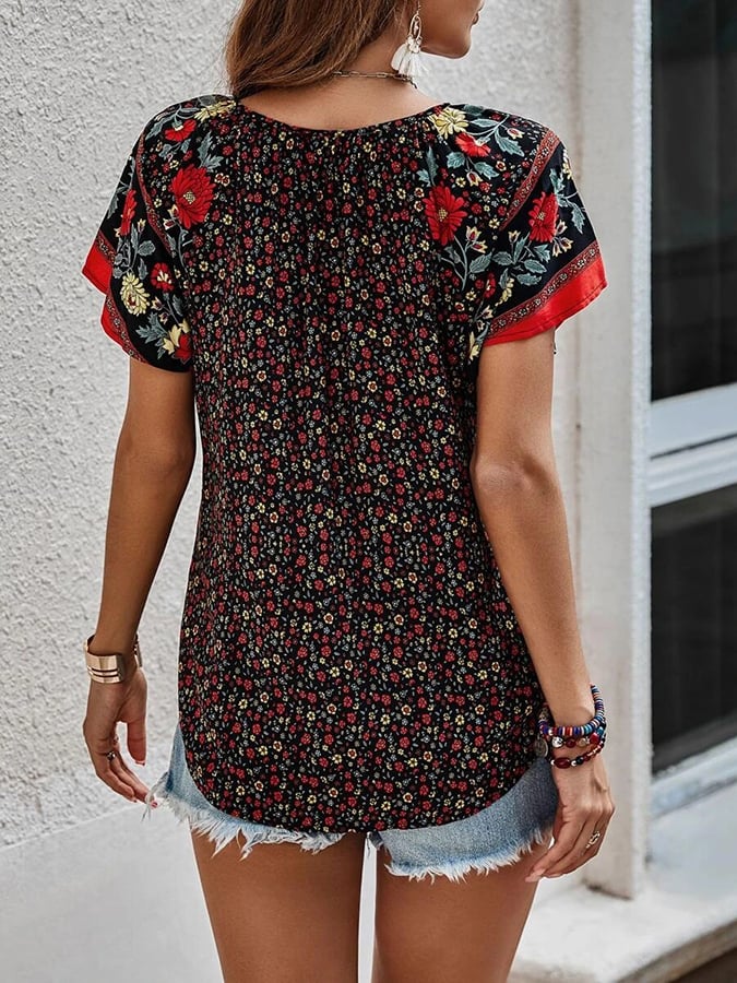 Women's Resort Style Bohemian Print V-Neck Short Sleeve Shirt