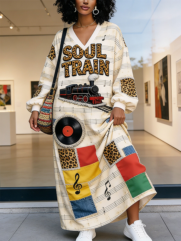 Women'S Retro Soul Train Patchwork Fabric Art Print Long Sleeve Maxi Dress
