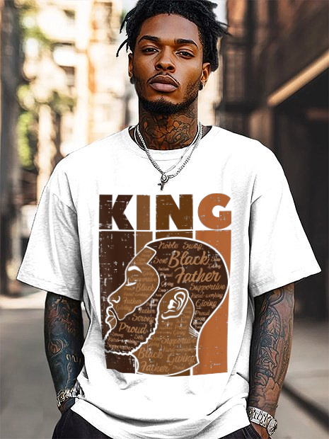 Men's Black King Illustration Print Cotton Casual T-Shirt