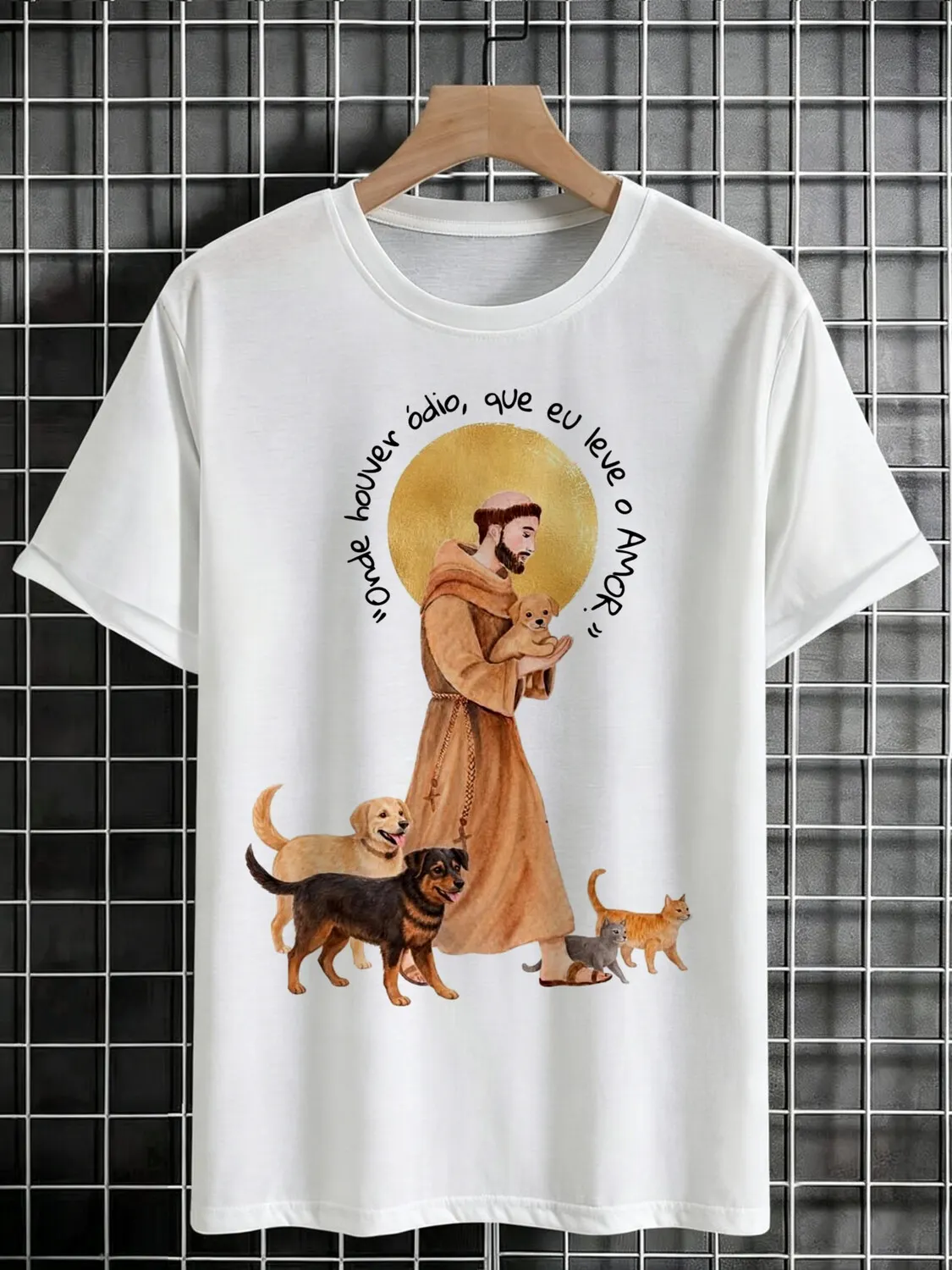 Men's Saint Friar With Cats & Dogs Watercolor Print Cotton Casual T-Shirt