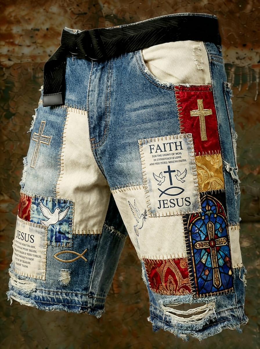 Men's Faith Jesus Cross Ichthys Dove Patchwork Print Casual Shorts