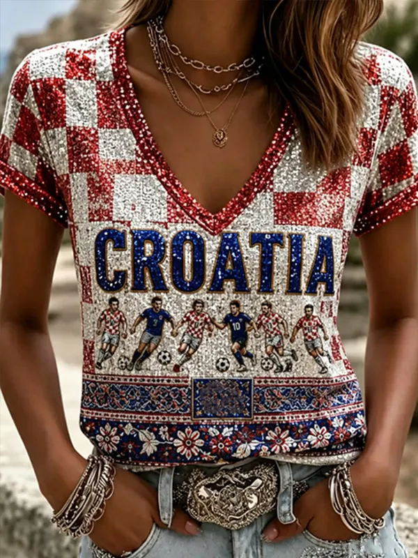 Women's Glitter Croatia Soccer Player Check Print V Neck Short Sleeve T-Shirt