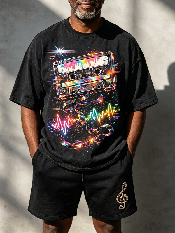 Men's Neon Cassette Tape And Music Note Art Print T-Shirt Shorts Set