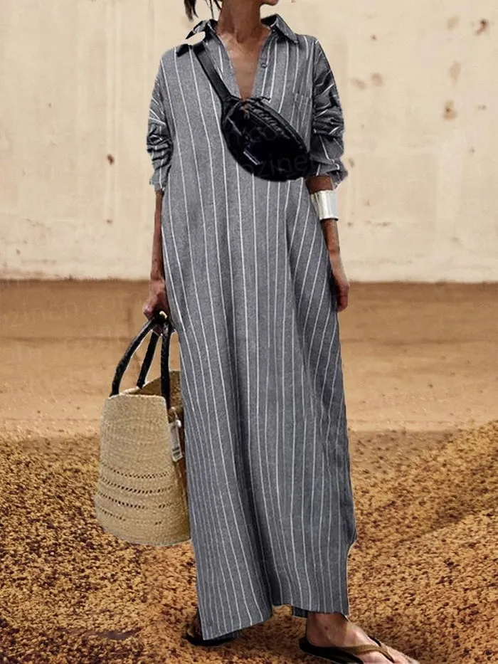 Women's Lapel Striped Loose Waist Long Skirt Cardigan Dress