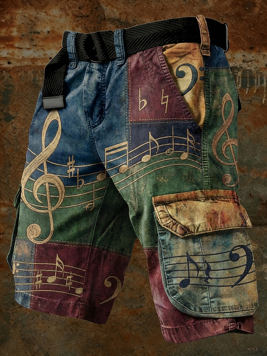 Men's Colorblock Musical Notes Print Denim-Like Cargo Shorts