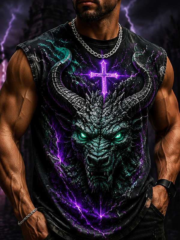 Men's Neon Purple Lightning Dragon Cross Vintage Art Print Tank Top