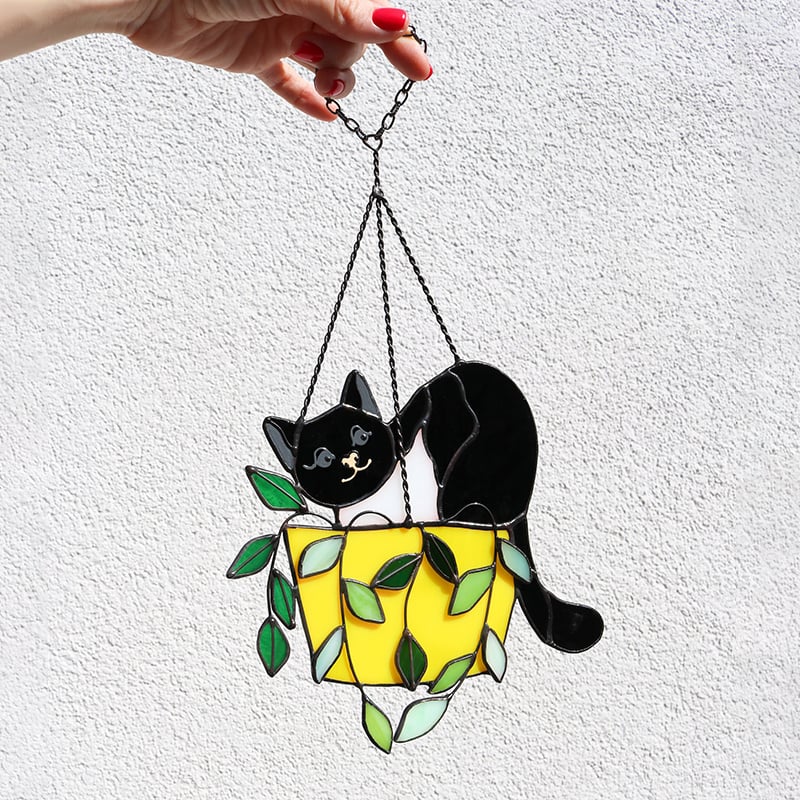 🔥LAST DAY 49% OFF-Cat in a flowerpot Suncatcher Stained Glass Window Hangins😽