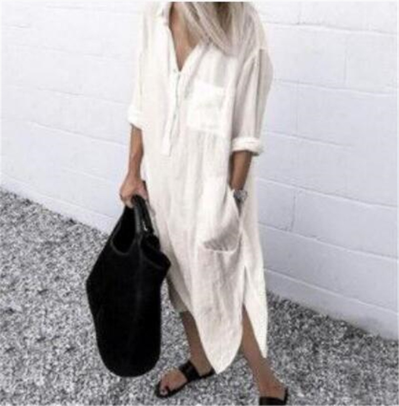 Mono Color Button Lapel Irregular Hem Shirt Women Maxi Dress