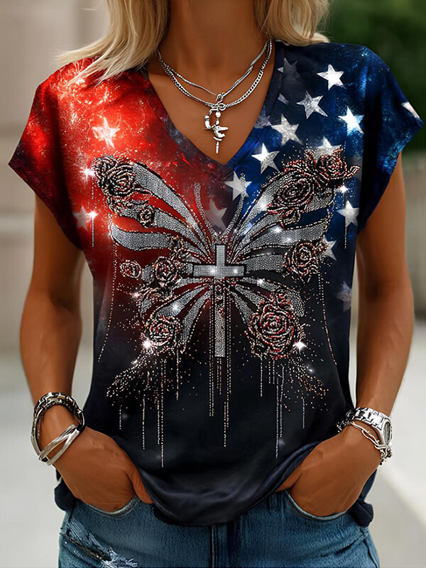Women's Independence Day Butterfly Rose Cross Print Casual V Neck T-Shirt