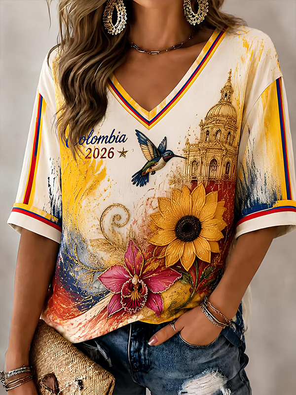 Women's Colombia 2026 Hummingbird Sunflower Building Print Casual V Neck T-Shirt