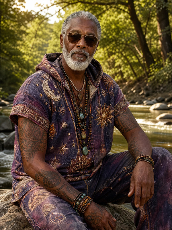 Men's Sun Moon Star Boho Art Print Hooded T-Shirt