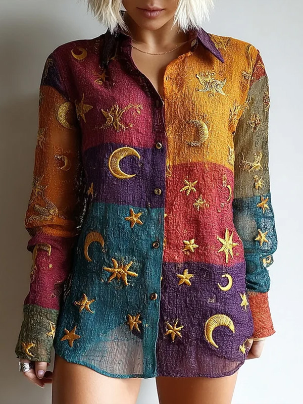 Women's Retro Mysterious Star Moon Colorblock Print Long Sleeve Shirt