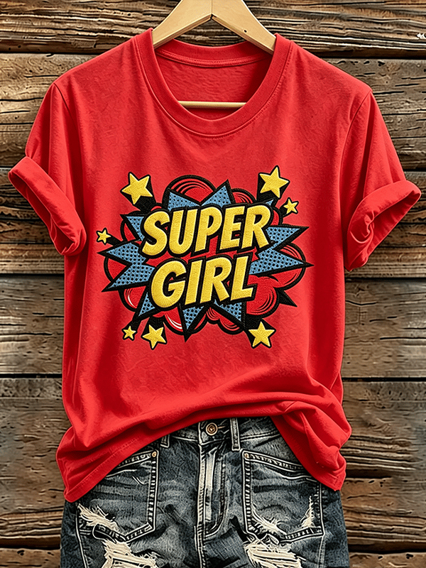 Women's Super Girl Print Cotton Casual T-Shirt