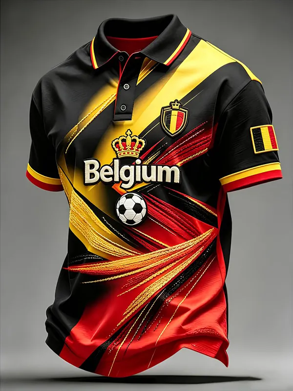 Men's Belgium Crown and Football Printed Short Sleeve Polo Shirt