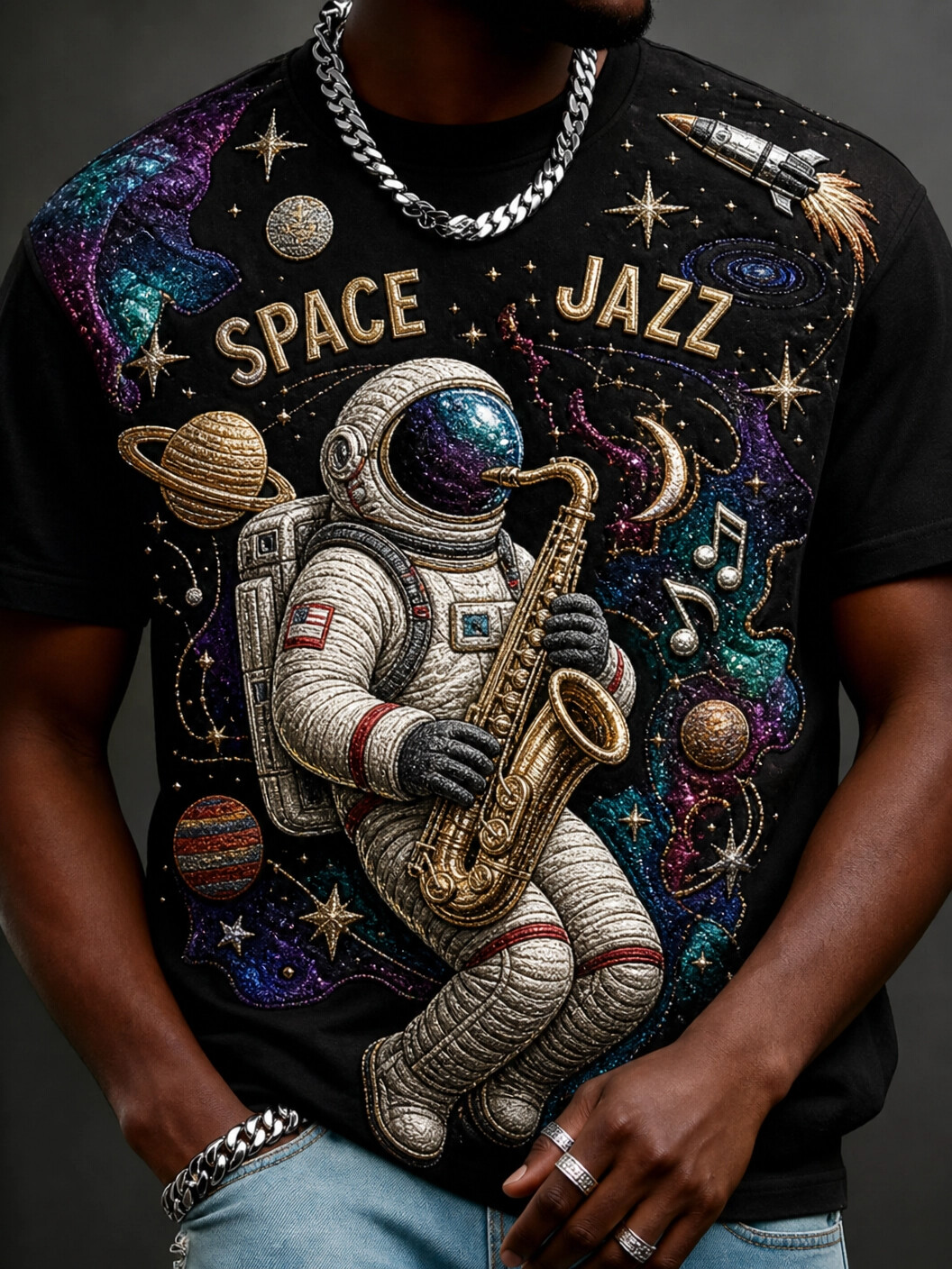 Men's Fun Space Astronaut Jazz Art Print T-Shirt