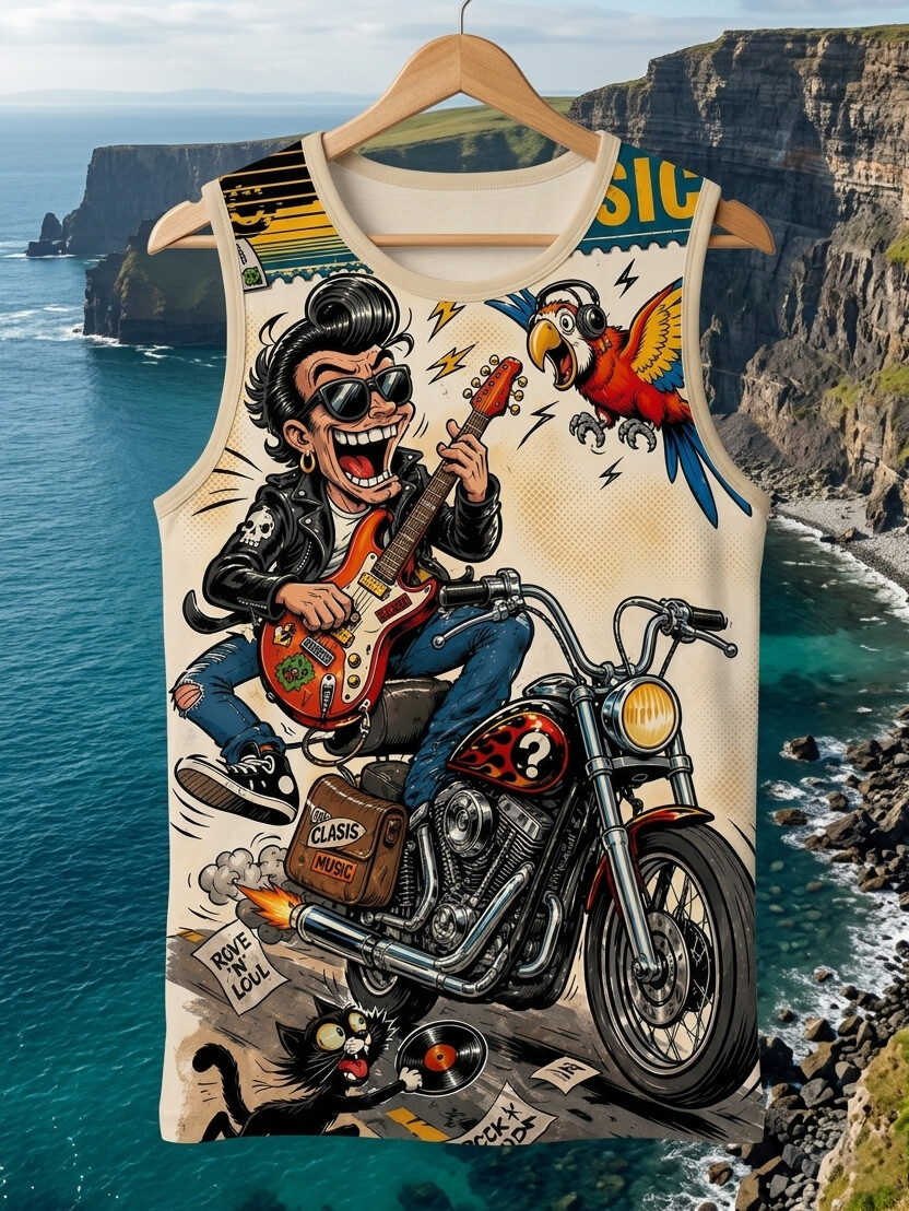 Men's Retro-Style Rockabilly Classic Music Illustration Print Tank Top