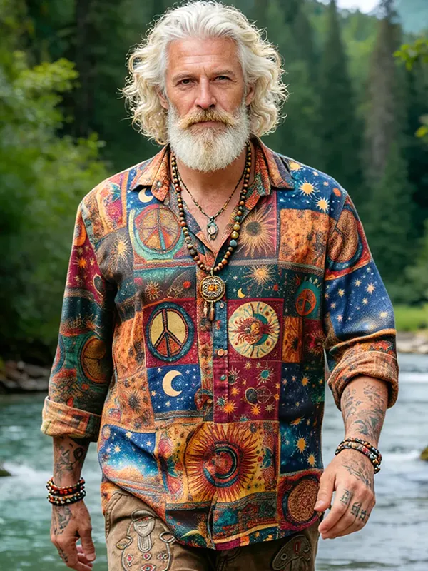 Men's Hippie Patchwork Art Peace Sign Print Long Sleeve Shirt