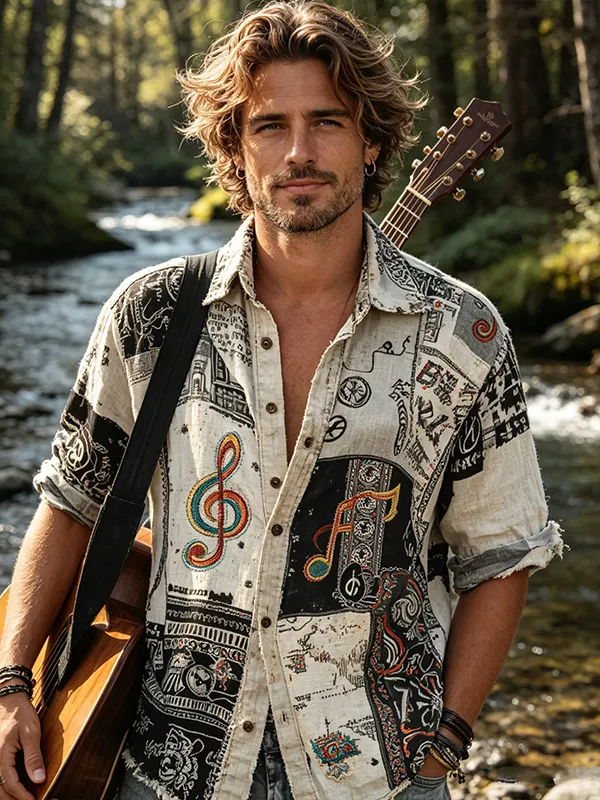 Men's Vintage Map Music Note Ethnic Pattern Patchwork Print Long Sleeve Shirt