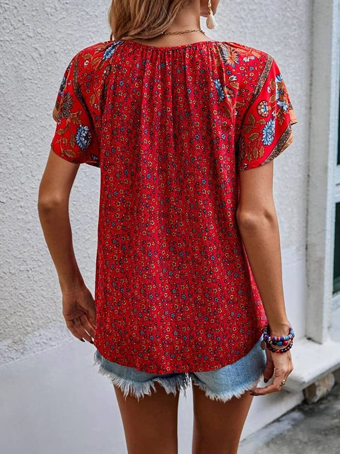 Women's Resort Style Bohemian Print V-Neck Short Sleeve Shirt
