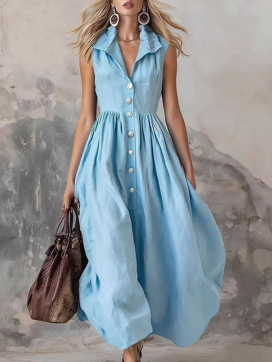 Women's Solid-color Sleeveless Cotton-linen V-neck Flared Dress