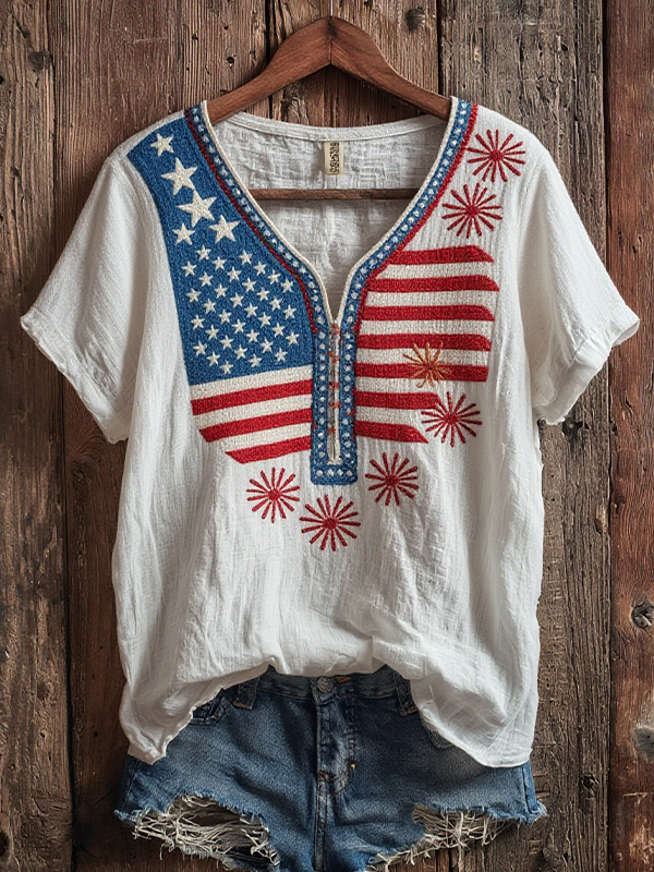 Women's American Flag And Firework Print V Neck Casual T-Shirt