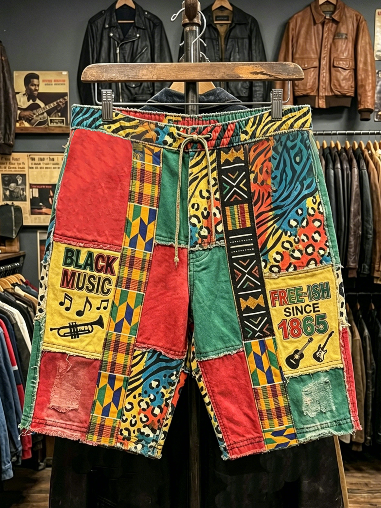 Men's Juneteenth 1865 Patchwork Black Music & Kente Print Casual Shorts