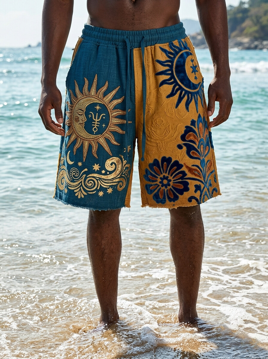 Men's Sun Moon & Floral Two-Tone Boho Art Print Casual Shorts