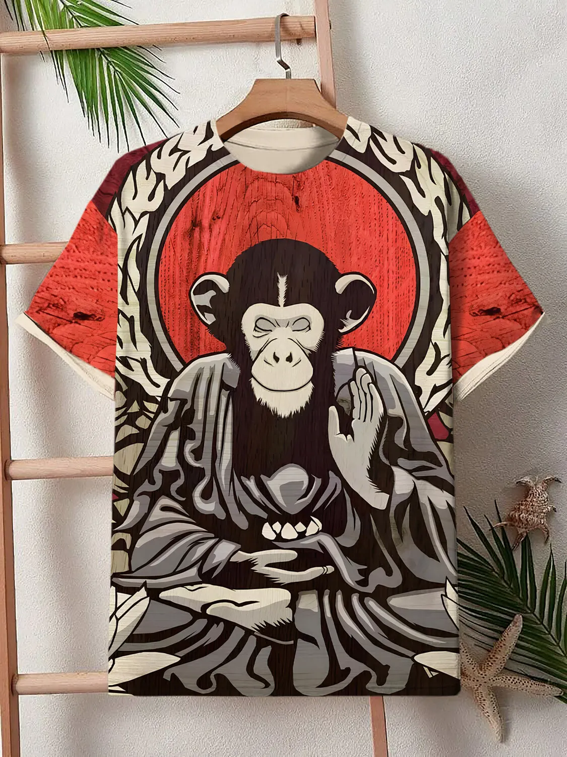 Men's Vintage Red Meditating Buddha Monkey Japanese Print T-Shirt